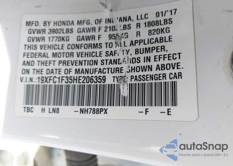 2017 Honda Civic Ex-T z USA, uszkodzony, nr VIN 19XFC1F35HE206359